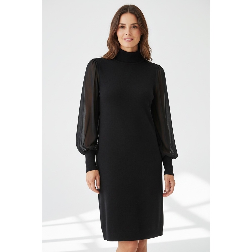 Vince Camuto Black turtleneck Neck Sheer Bishop Sleeve Knit Sweater Dress M